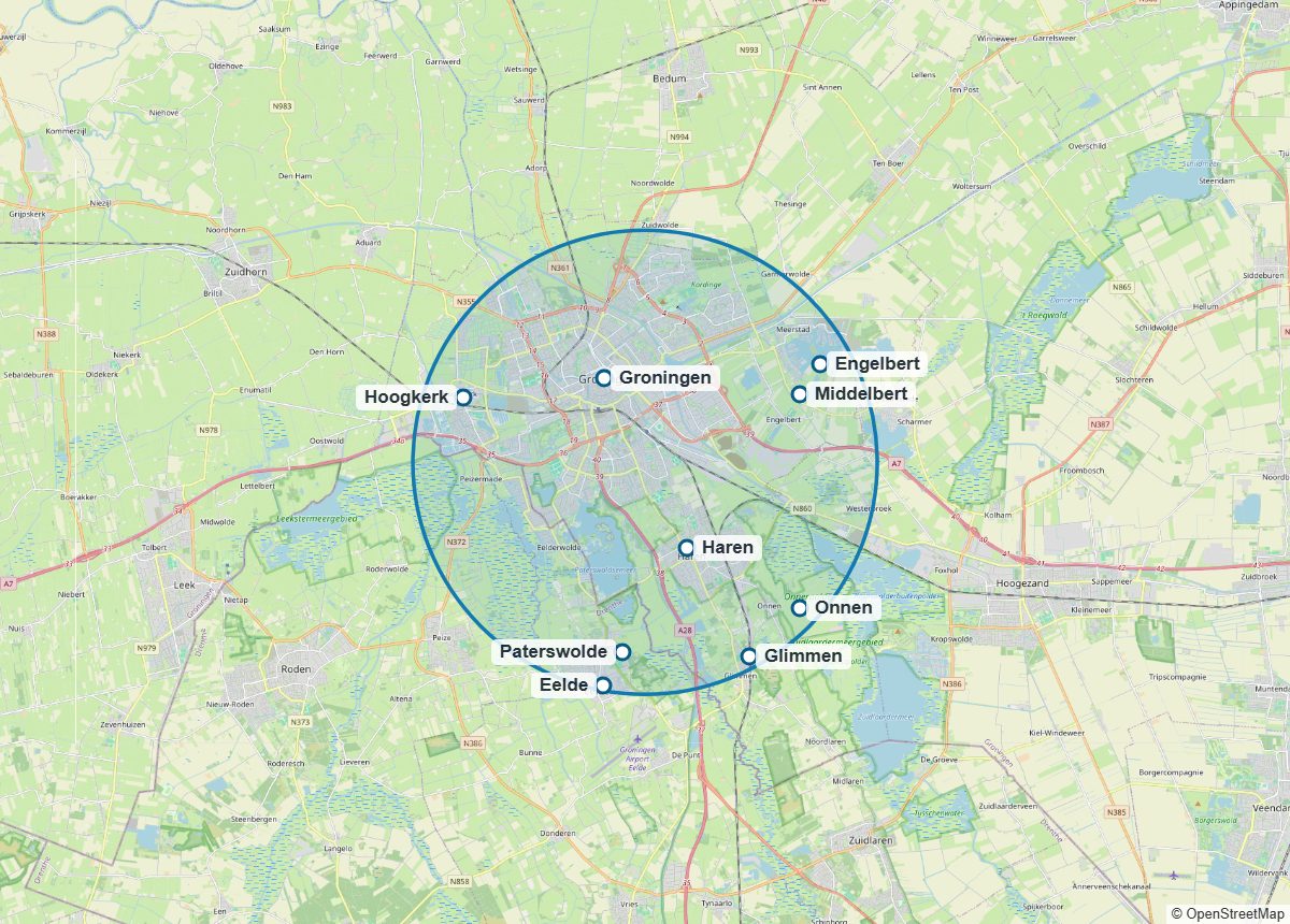 Kaart van het werkgebied: 7 kilometer rond Groningen en Haren.